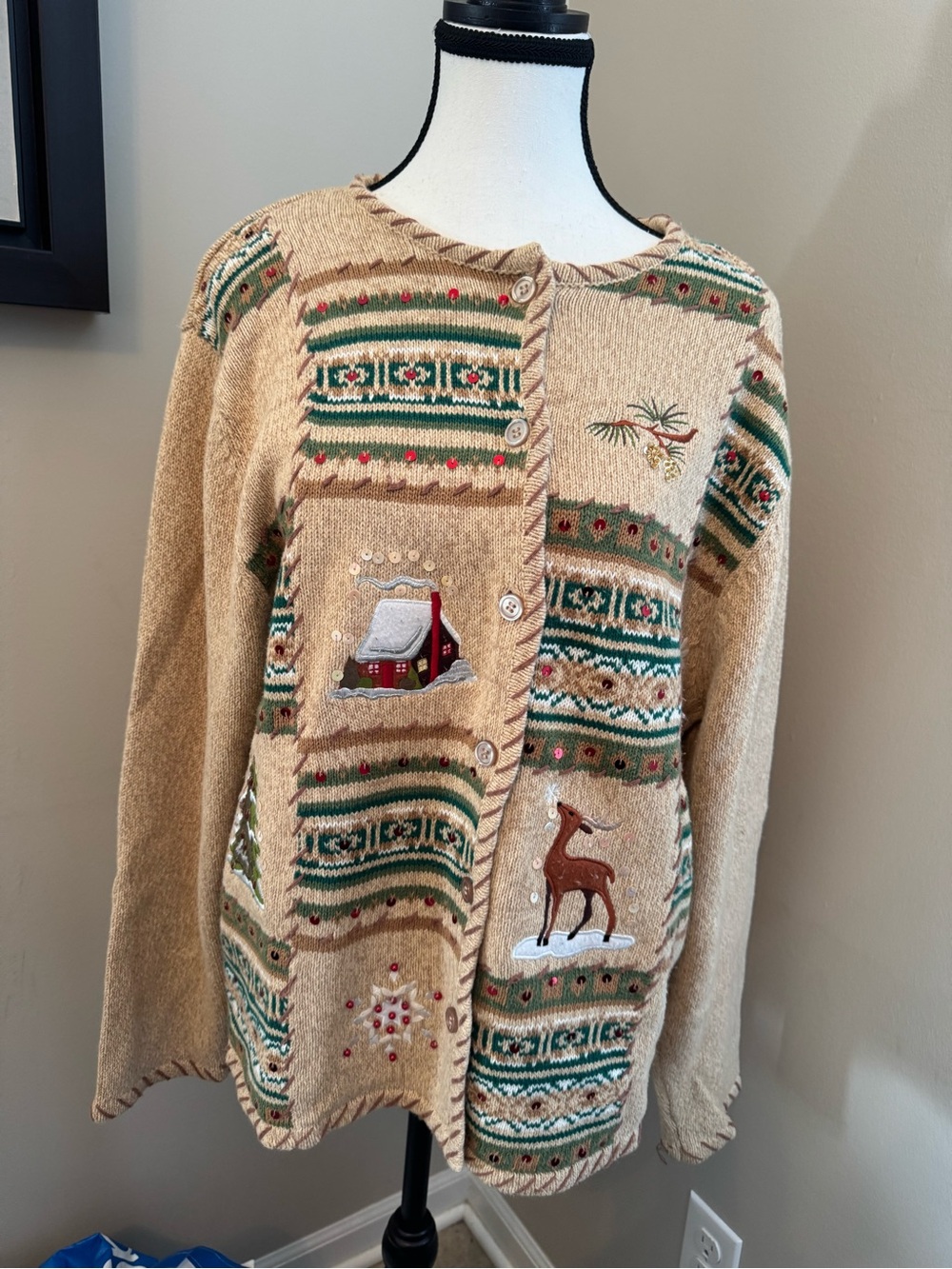 Crystal-Kobe‎ XL Christmas Cabin Deer Cardigan Sweater Sequins Winter Lodge